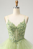 Sparkly Light Green A Line Spaghetti Straps Corset Short Tiered Homecoming Dress