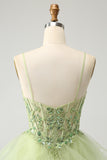 Sparkly Light Green A Line Spaghetti Straps Corset Short Tiered Homecoming Dress