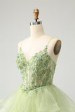 Sparkly Light Green A Line Spaghetti Straps Corset Short Tiered Homecoming Dress