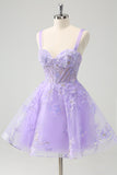 Sparkly Lilac A Line Spaghetti Straps Sequins Corset Short Appliqued Homecoming Dress