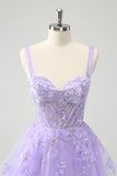 Sparkly Lilac A Line Spaghetti Straps Sequins Corset Short Appliqued Homecoming Dress