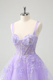 Sparkly Lilac A Line Spaghetti Straps Sequins Corset Short Appliqued Homecoming Dress