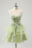 Floral Light Green A Line Spaghetti Straps Corset Short Homecoming Dress with Appliqued