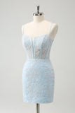 Light Blue Corset Spaghetti Straps Short Tight Homecoming Dresses with Lace Up Back