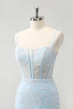 Light Blue Corset Spaghetti Straps Short Tight Homecoming Dresses with Lace Up Back