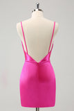 Simple Fuchsia Cowl Neck Backless Tight Short Homecoming Dress with Beading