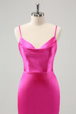 Simple Fuchsia Cowl Neck Backless Tight Short Homecoming Dress with Beading