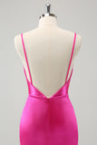 Simple Fuchsia Cowl Neck Backless Tight Short Homecoming Dress with Beading