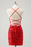 Sparkly Red Floral Tight Short Homecoming Dress with Sequins