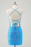 Sparkly Sky Blue Tight Short Sequin Homecoming Dress with Lace-Up Back