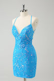 Sparkly Sky Blue Tight Short Sequin Homecoming Dress with Lace-Up Back