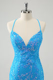 Sparkly Sky Blue Tight Short Sequin Homecoming Dress with Lace-Up Back