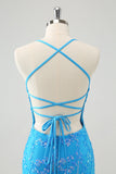 Sparkly Sky Blue Tight Short Sequin Homecoming Dress with Lace-Up Back