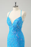 Sparkly Sky Blue Tight Short Sequin Homecoming Dress with Lace-Up Back