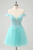 Light Green A Line Sequins Pleated Corset Off The Shoulder Short Homecoming Dress