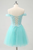 Light Green A Line Sequins Pleated Corset Off The Shoulder Short Homecoming Dress