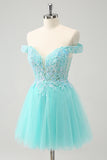 Light Green A Line Sequins Pleated Corset Off The Shoulder Short Homecoming Dress