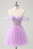 Sparkly Lilac A Line Off the Shoulder Corset Sequin Short Homecoming Dress