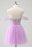 Sparkly Lilac A Line Off the Shoulder Corset Sequin Short Homecoming Dress