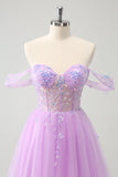 Sparkly Lilac A Line Off the Shoulder Corset Sequin Short Homecoming Dress