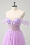 Sparkly Lilac A Line Off the Shoulder Corset Sequin Short Homecoming Dress