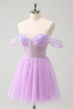 Sparkly Lilac A Line Off the Shoulder Corset Sequin Short Homecoming Dress