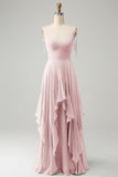 Fuchsia A Line Spaghetti Straps Chiffon Long Bridesmaid Dress with Ruffles