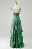 A Line Spaghetti Straps Chiffon Long Eucalyptus Bridesmaid Dress with Ruffles