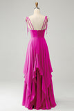 Fuchsia A Line Spaghetti Straps Chiffon Long Bridesmaid Dress with Ruffles