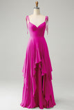 Fuchsia A Line Spaghetti Straps Chiffon Long Bridesmaid Dress with Ruffles