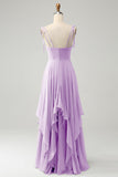 Fuchsia A Line Spaghetti Straps Chiffon Long Bridesmaid Dress with Ruffles