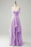 Fuchsia A Line Spaghetti Straps Chiffon Long Bridesmaid Dress with Ruffles