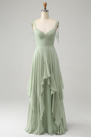 Elegant Matcha A Line Spaghetti Straps Chiffon Long Bridesmaid Dress with Ruffles