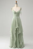 Matcha A Line Spaghetti Straps Chiffon Long Bridesmaid Dress with Ruffles