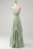 Matcha A Line Spaghetti Straps Chiffon Long Bridesmaid Dress with Ruffles