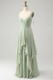 Matcha A Line Spaghetti Straps Chiffon Long Bridesmaid Dress with Ruffles