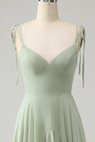 Elegant Matcha A Line Spaghetti Straps Chiffon Long Bridesmaid Dress with Ruffles