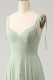 Matcha A Line Spaghetti Straps Chiffon Long Bridesmaid Dress with Ruffles