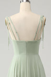 Matcha A Line Spaghetti Straps Chiffon Long Bridesmaid Dress with Ruffles