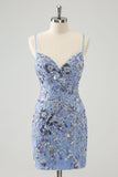 Grey Blue Spaghetti Straps Short Tight Homecoming Dress with Appliqued Sequins