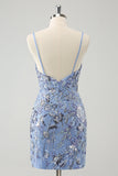 Grey Blue Spaghetti Straps Short Tight Homecoming Dress with Appliqued Sequins