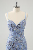 Grey Blue Spaghetti Straps Short Tight Homecoming Dress with Appliqued Sequins