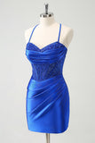 Sparkly Royal Blue Sequin Pleated Tight Corset Short Homecoming Dress