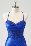 Sparkly Royal Blue Sequin Pleated Tight Corset Short Homecoming Dress