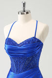 Sparkly Royal Blue Sequin Pleated Tight Corset Short Homecoming Dress