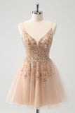 Blush A Line Spaghetti Straps Sequin Tulle Homecoming Dress with Beading