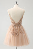 Blush A Line Spaghetti Straps Sequin Tulle Homecoming Dress with Beading