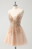 Blush A Line Spaghetti Straps Sequin Tulle Homecoming Dress with Beading