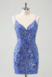 Sparkly Blue Spaghetti Straps Tight Sequin Short Homecoming Dress