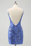 Sparkly Blue Spaghetti Straps Tight Sequin Short Homecoming Dress